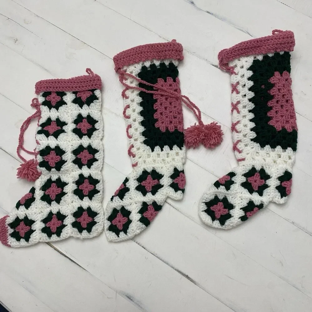 Vtg Handmade Lot of 3 Crochet Granny Square Christmas Stockings Green Pink White